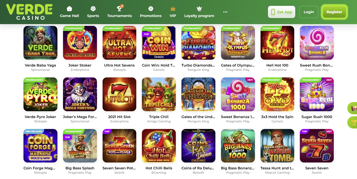 Screenshot lobby giochi Verde Casino